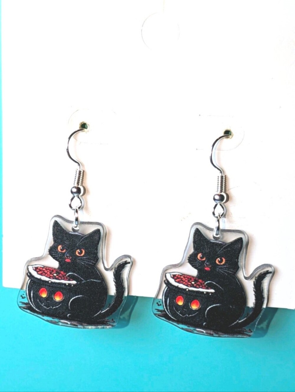 Hand Crafted Black Cat Cauldron Dangle Earrings - Black & Orange Accents